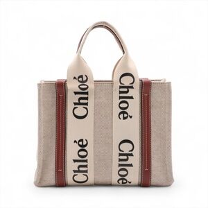 Chloe Woody Canvas Leather Handbag Beige